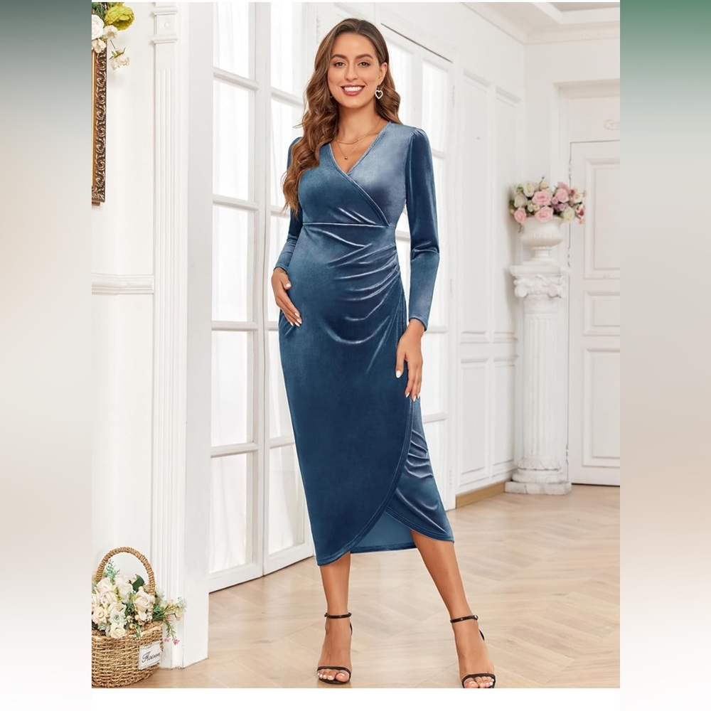 Maternity Blue Velvet Dress
